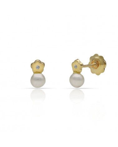 Pendientes oro 18k tornillo flor perla circonita 4,5x7mm