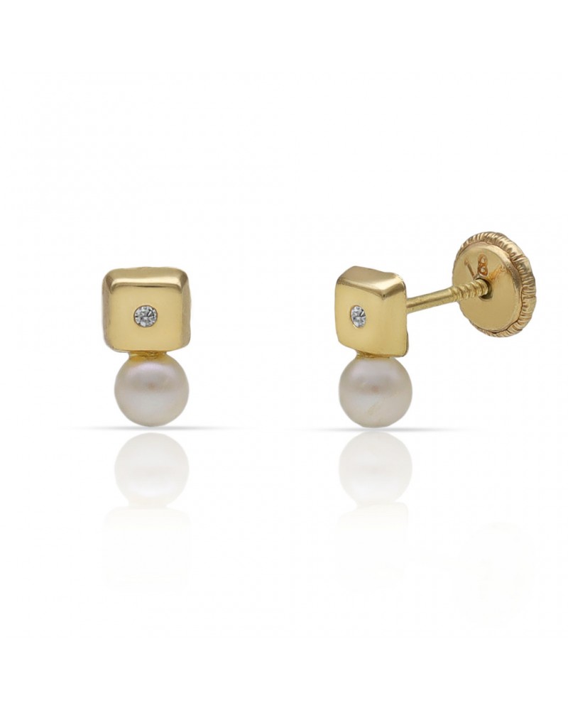 Pendientes oro 18k tornillo cuadrado perla circonita