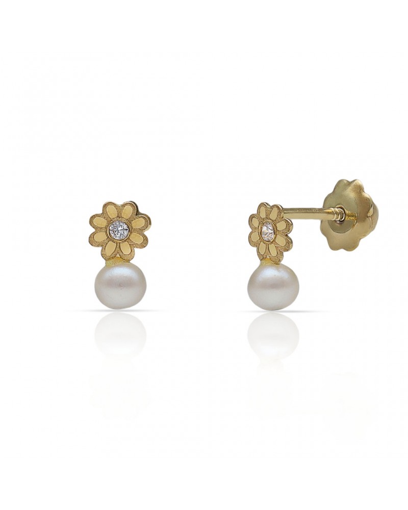 Pendientes oro 18k margarita perla tornillo bebé 4x7mm