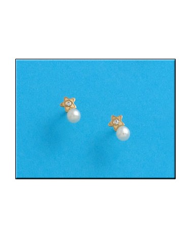 Pendientes oro 18k tornillo estrella perla circonita 4x7mm