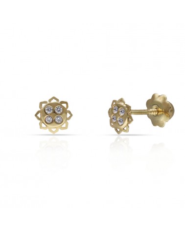 Pendientes oro 18k tornillo flor circonitas 5mm