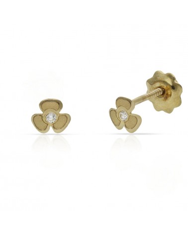 Pendientes oro 18k tornillo trébol circonita 4mm