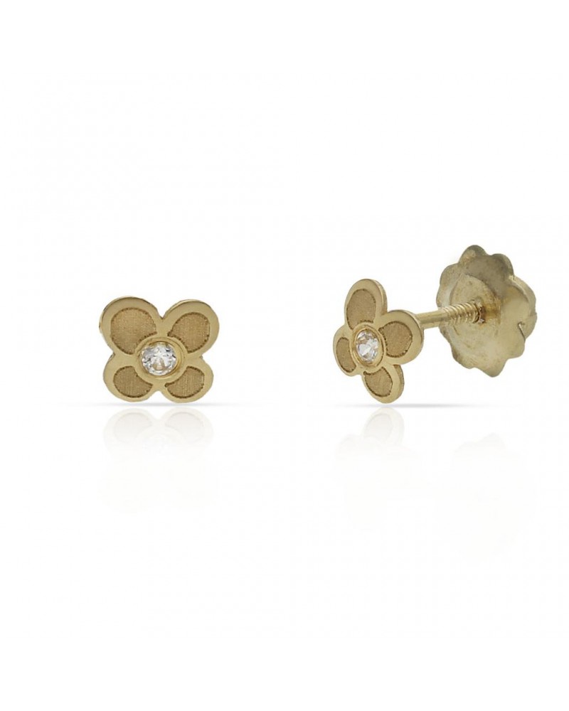 Pendientes oro 18k tornillo flor circonita 4mm