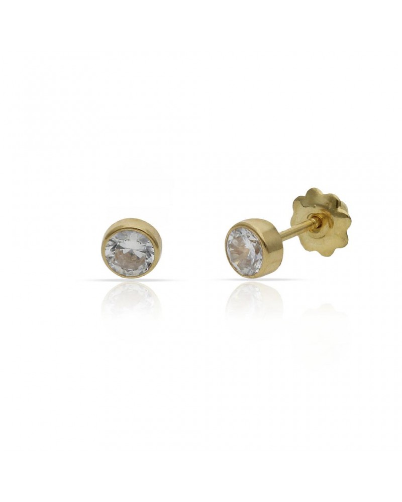 Pendientes oro 18k tornillo circonita redondos 4,5mm