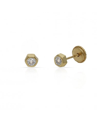 Pendientes oro 18k tornillo hexagonal circonita 3,5mm