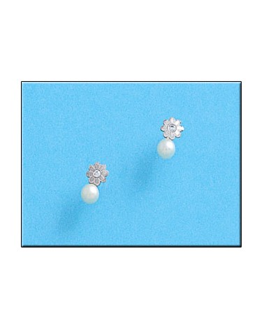 Pendientes oro blanco 18k tornillo margarita perla 4x7mm