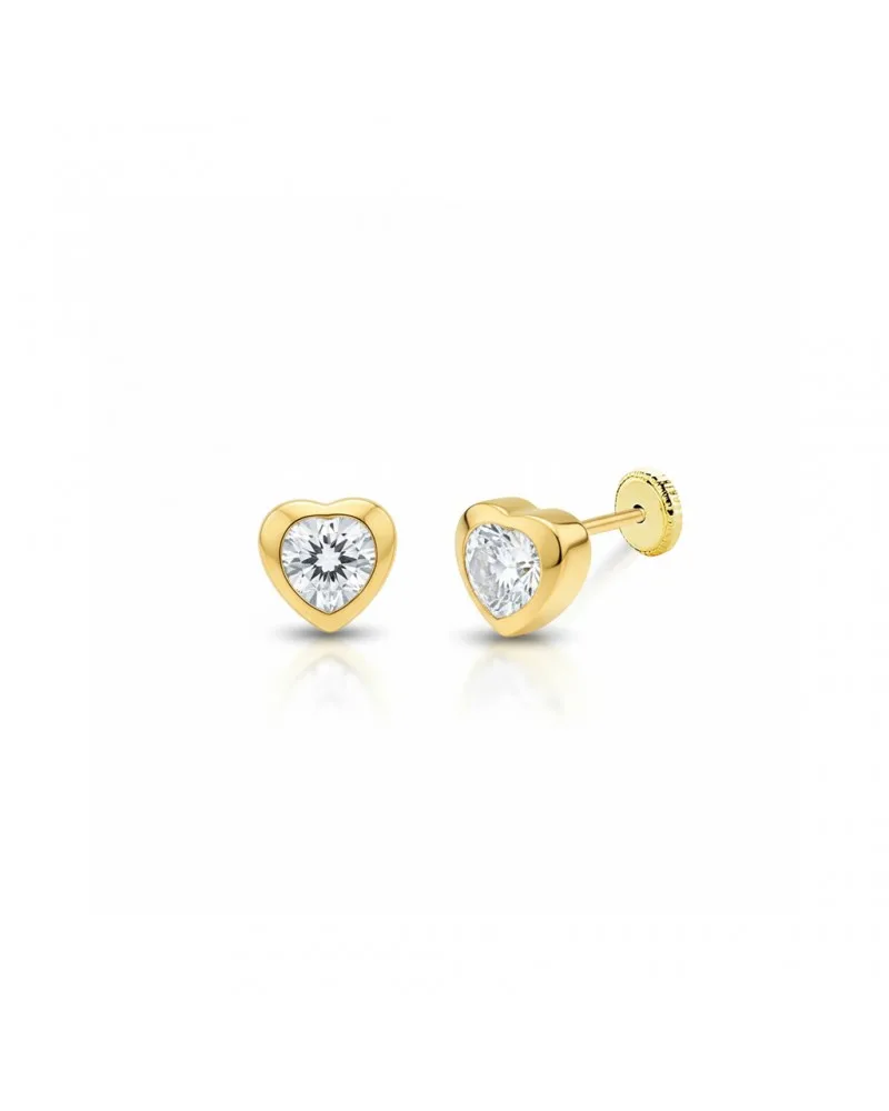 Pendientes oro 18k tornillo corazón circonita 4mm
