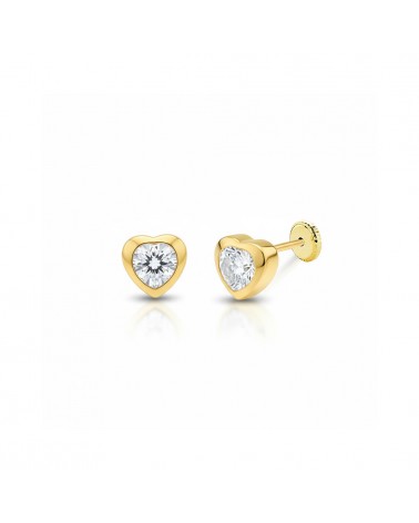 Pendientes oro 18k tornillo corazón circonita 4mm