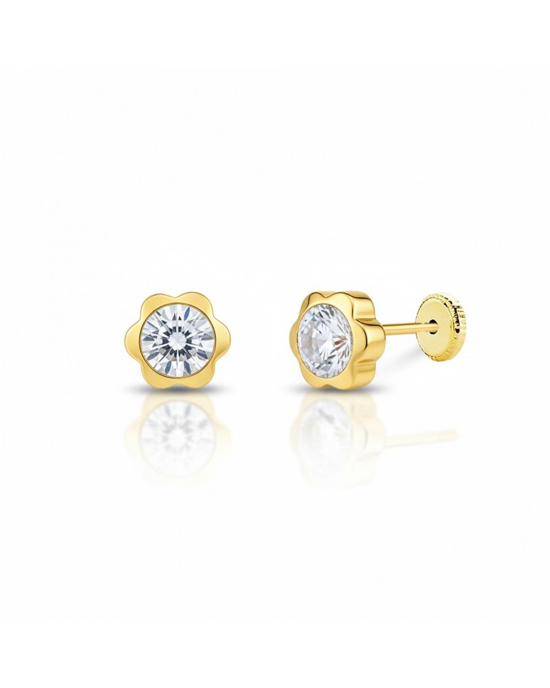 Pendientes oro 18k tornillo flor circonita 5mm
