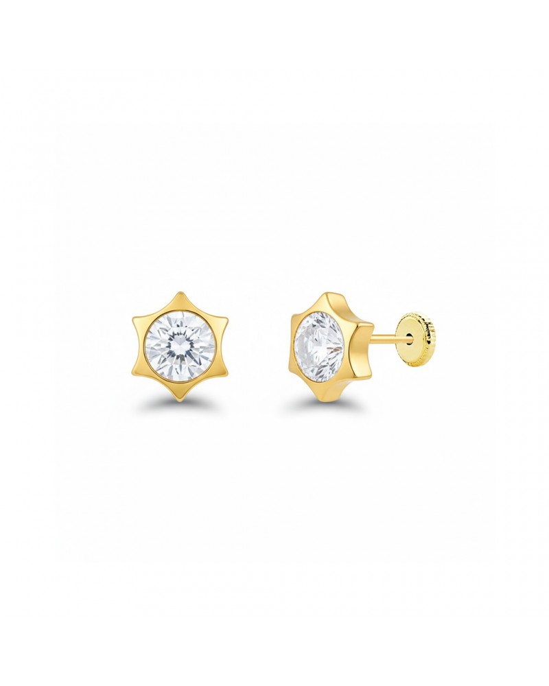 Pendientes oro 18k tornillo estrella circonita 5,5mm