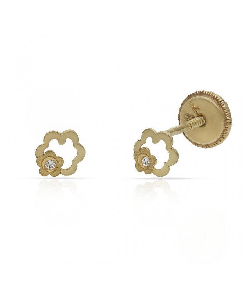 Pendientes oro 18k tornillo flor circonita 4mm