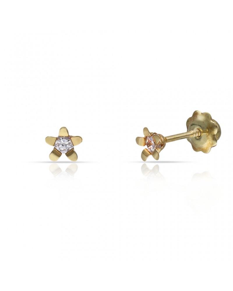 Pendientes oro 18k flor circonita tornillo 4mm