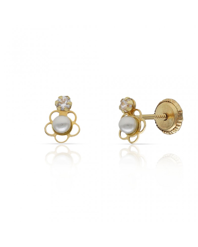 Pendientes oro 18k tornillo flor perla circonita 5x6,5mm