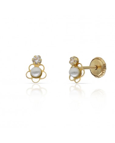Pendientes oro 18k tornillo flor perla circonita 5x6,5mm