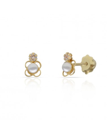 Pendientes oro 18k tornillo perla circonita flor 4x6mm