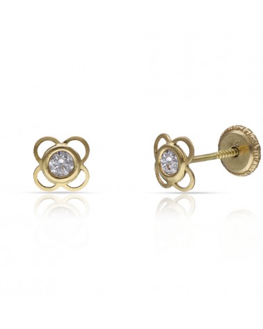 Pendientes oro 18k flor circonita tornillo 5,5mm