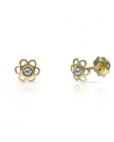 Pendientes oro 18k tornillo flor circonita 5mm