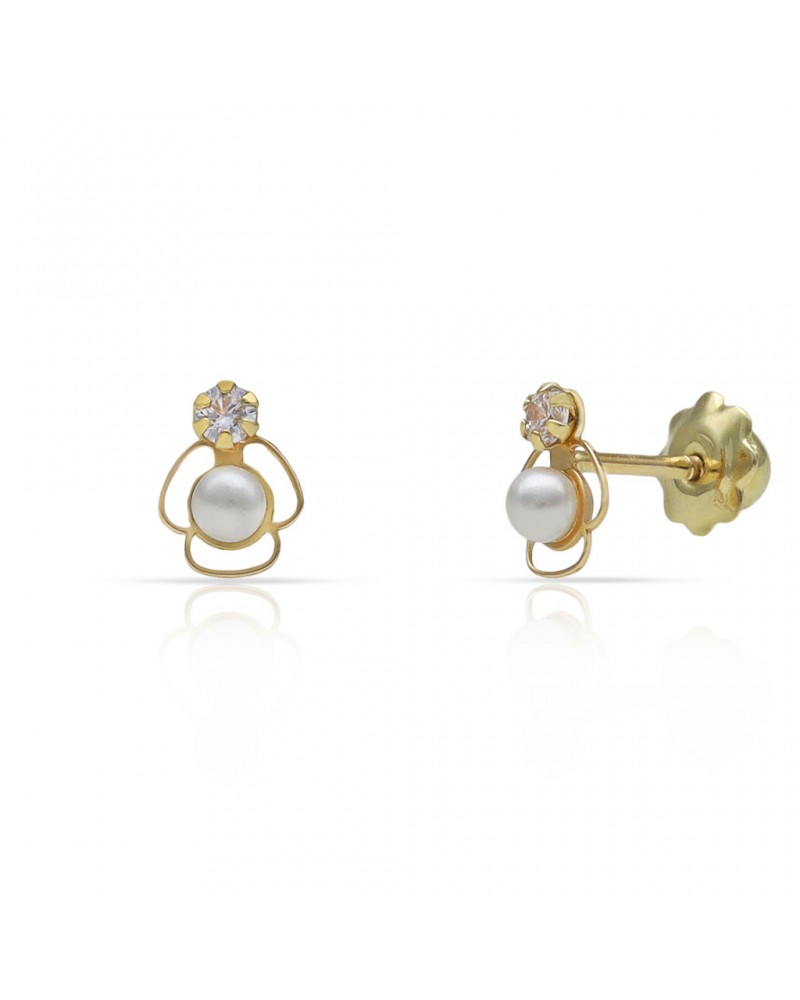 Pendientes oro 18k tornillo perla circonita 5x6mm