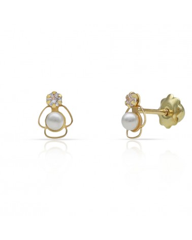 Pendientes oro 18k tornillo perla circonita 5x6mm