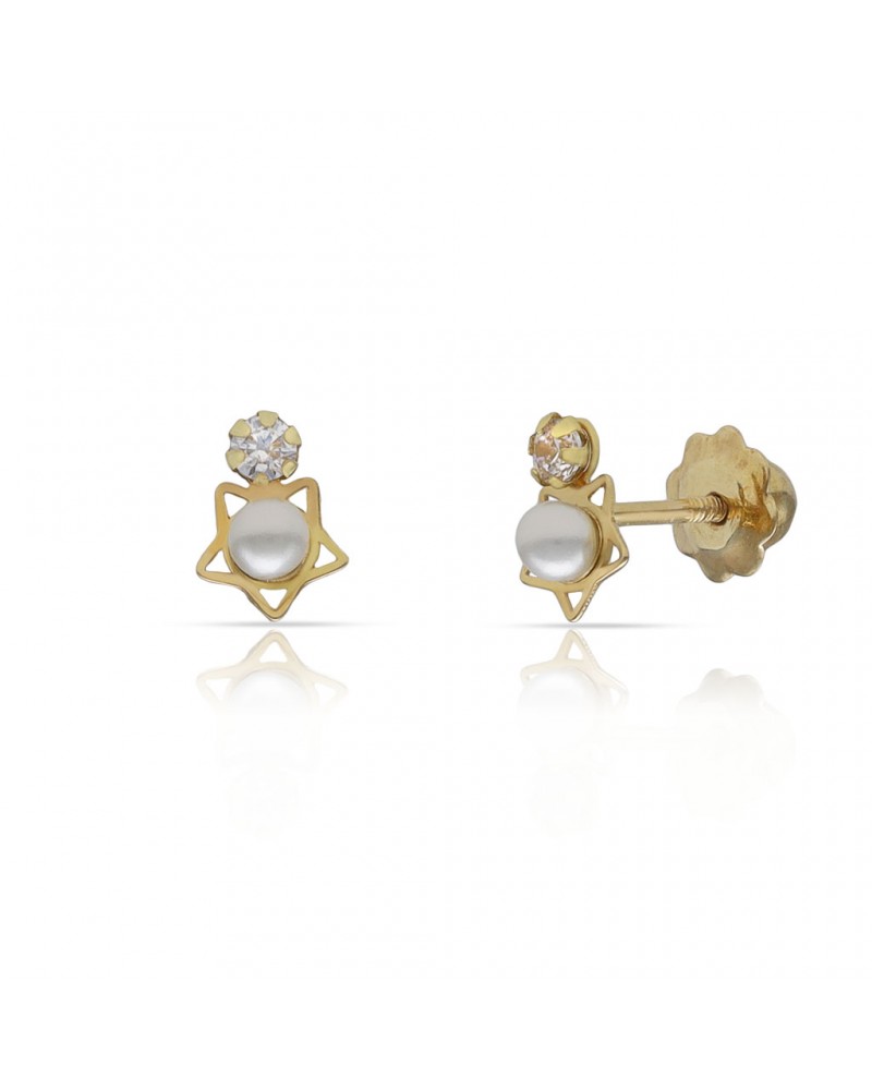Pendientes oro 18k tornillo estrella perla circonita 5x6,5mm