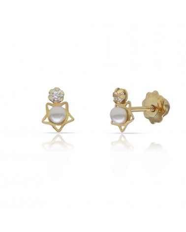 Pendientes oro 18k tornillo estrella perla circonita 5x6,5mm