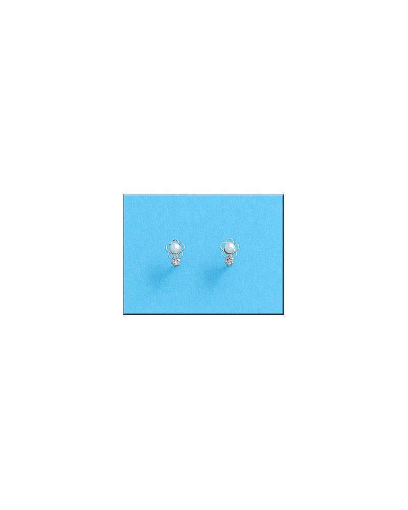 Pendientes oro blanco 18k perlas circonitas tornillo 5x6,5mm