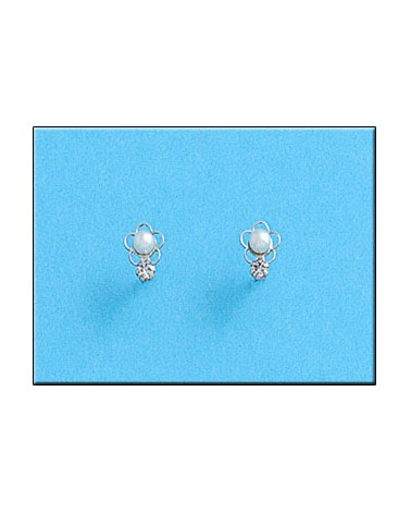 Pendientes oro blanco 18k perlas circonitas tornillo 5x6,5mm