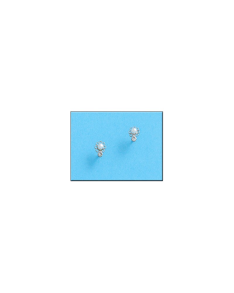 Pendientes oro blanco 18k perla circonitas cierre tornillo 5x6mm