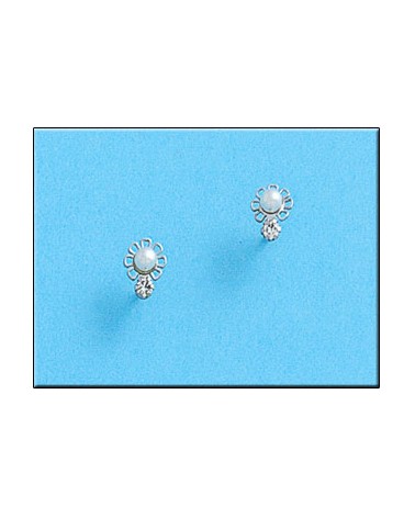Pendientes oro blanco 18k perla circonitas cierre tornillo 5x6mm