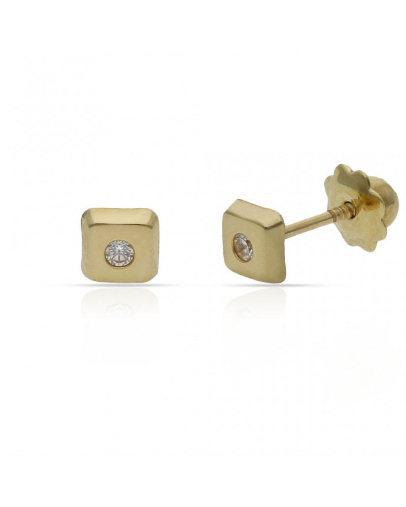 Pendientes oro 18k cuadrados circonita tornillo 4mm