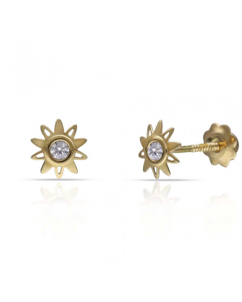 Pendientes oro 18k tornillo sol circonita 6mm