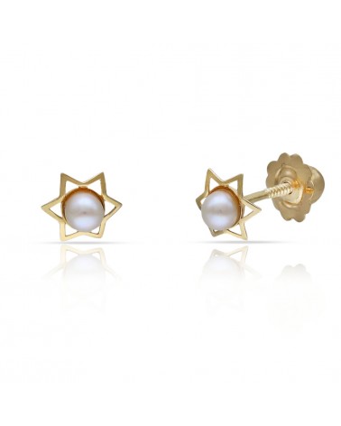 Pendientes oro 18k tornillo estrella perla 6,5mm