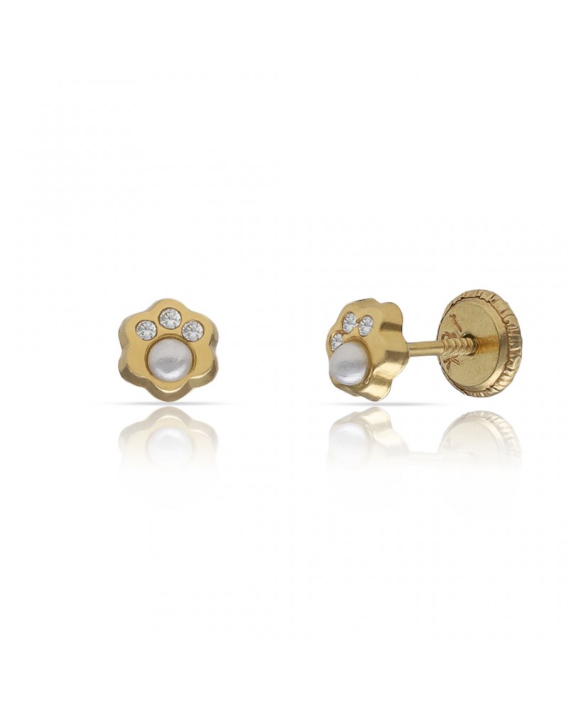 Pendientes oro 18k tornillo flor perla circonitas 5mm