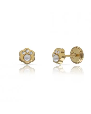 Pendientes oro 18k tornillo flor perla circonitas 5mm