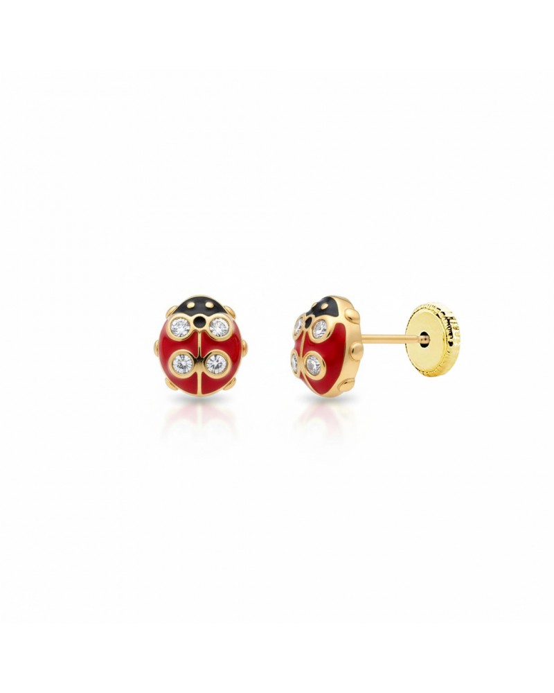 Pendientes oro 18k tornillo mariquita circonitas 5mm