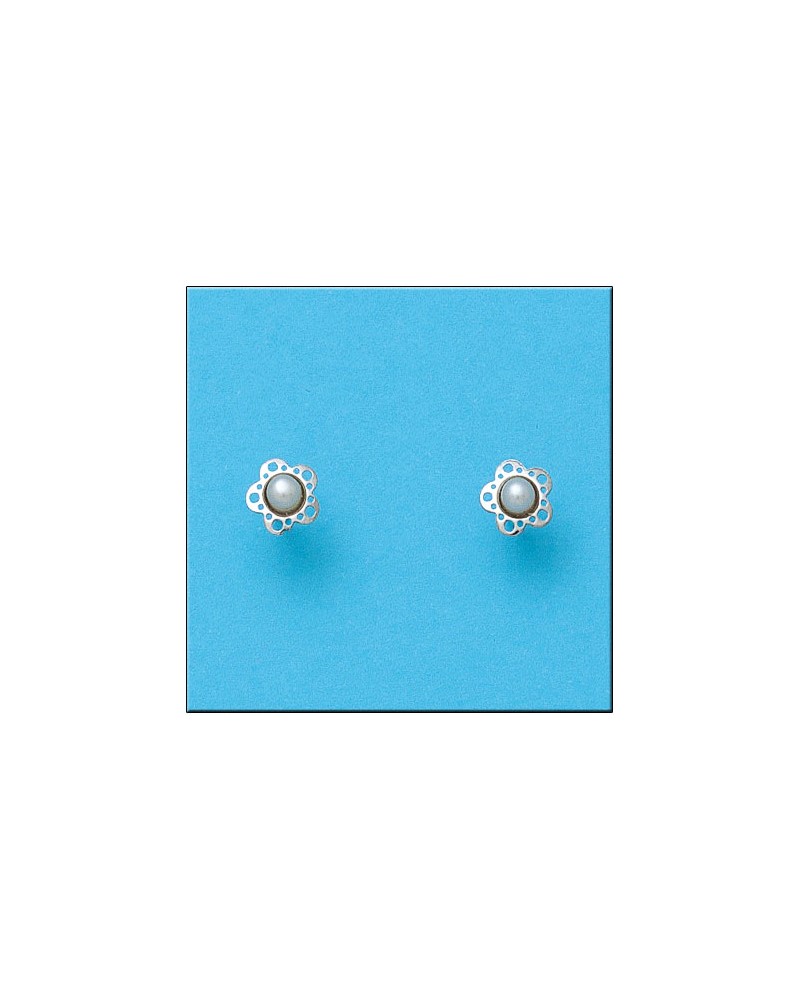 Pendientes oro blanco 18k flor perlas cierre tornillo 6mm