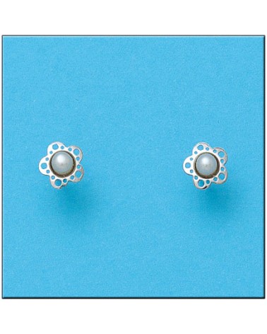 Pendientes oro blanco 18k flor perlas cierre tornillo 6mm