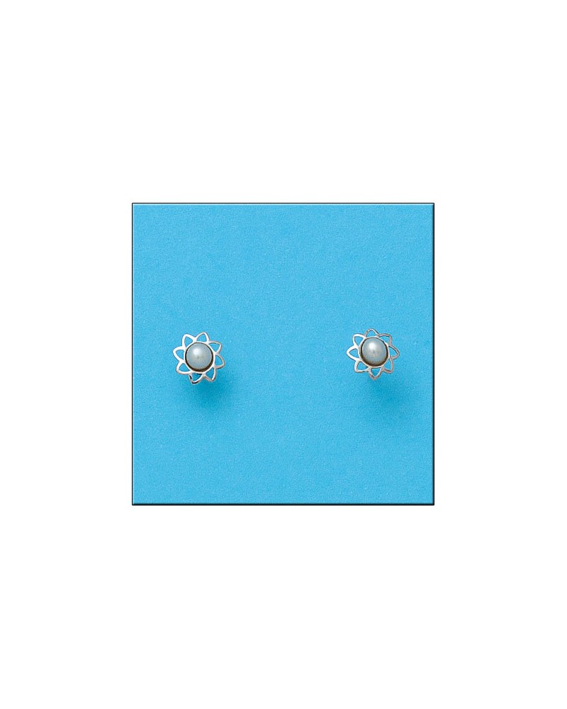 Pendientes oro blanco 18k tornillo flor perla 6mm