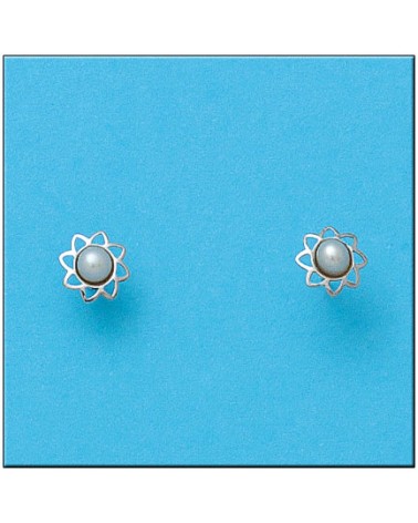 Pendientes oro blanco 18k tornillo flor perla 6mm