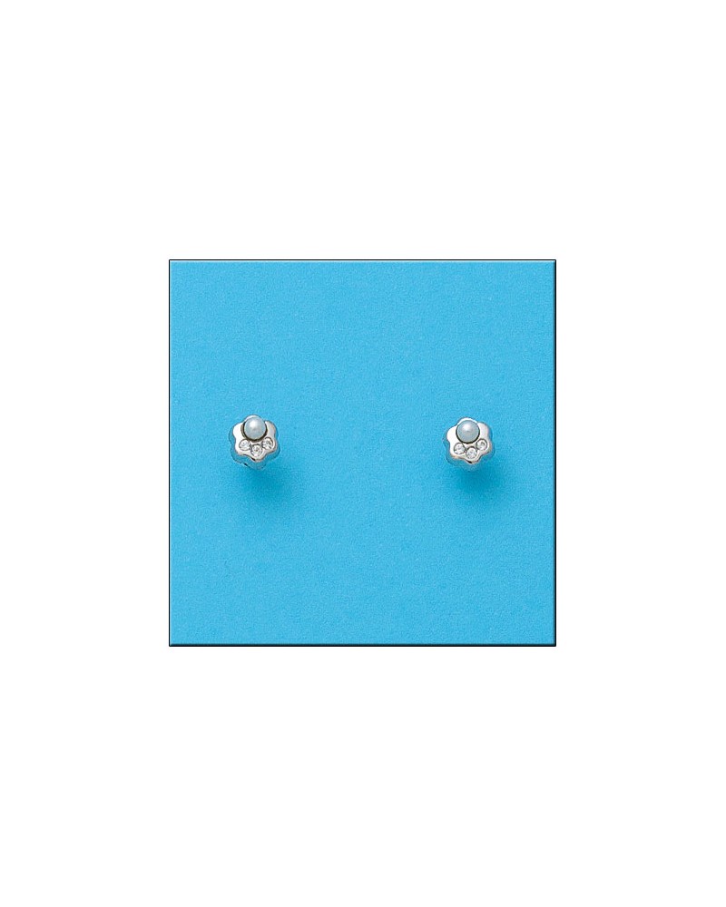 Pendientes oro blanco 18k flor circonitas perla tornillo 5mm