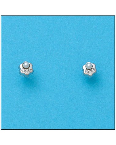 Pendientes oro blanco 18k flor circonitas perla tornillo 5mm