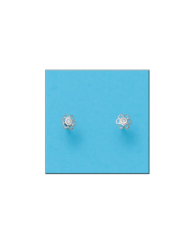 Pendientes oro blanco 18k flor circonitas tornillo 5mm