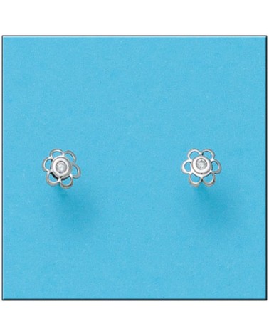 Pendientes oro blanco 18k flor circonitas tornillo 5mm
