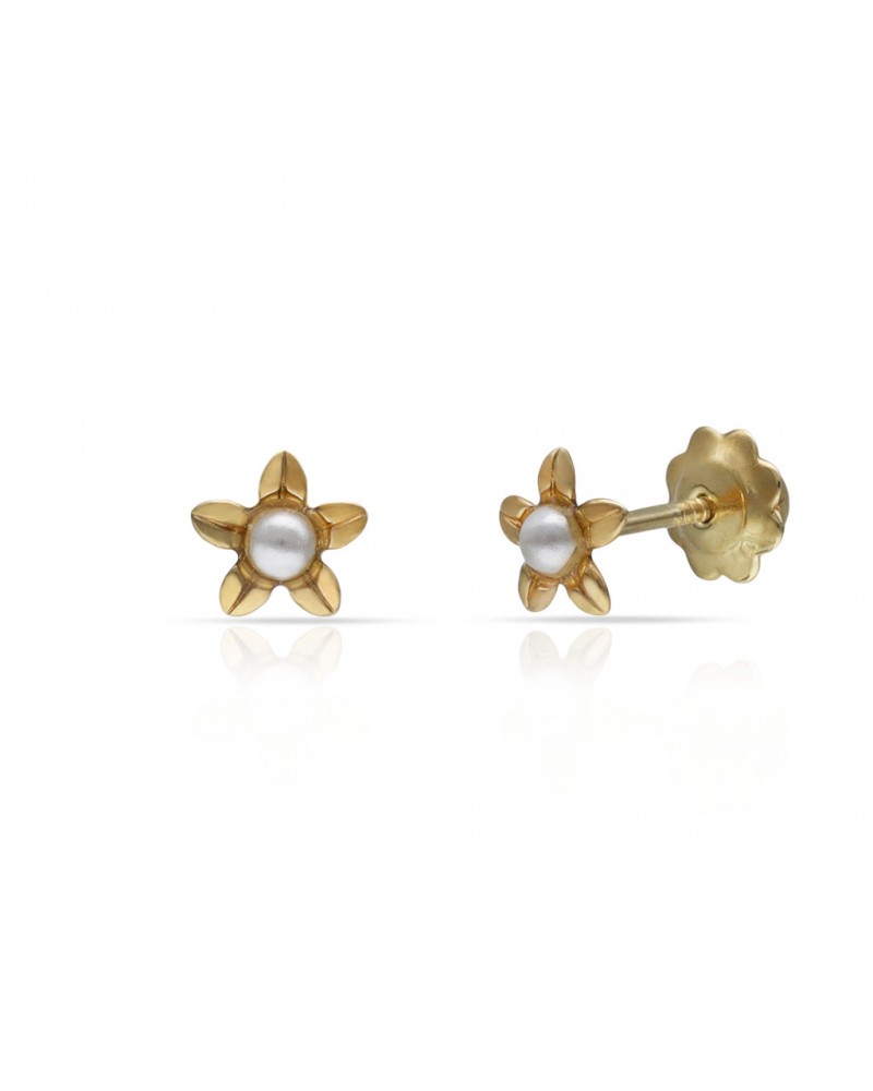Pendientes oro 18k tornillo flor perla 5mm