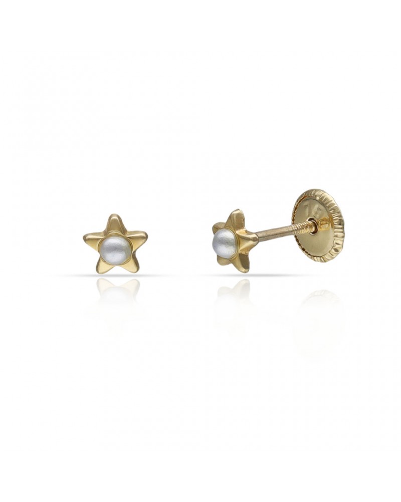 Pendientes oro 18k estrella perla cierre tornillo bebé 4mm