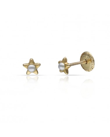 Pendientes oro 18k estrella perla cierre tornillo bebé 4mm