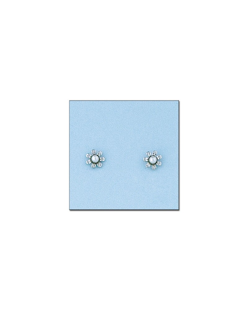 Pendientes oro blanco 18k flor perla cierre tornillo 5mm