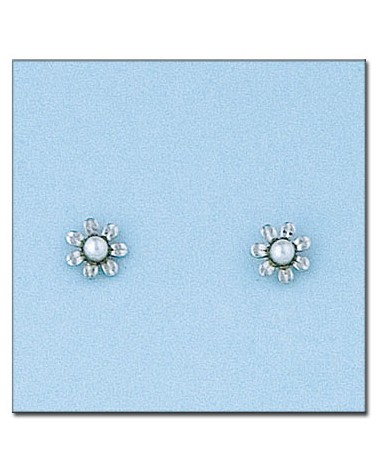 Pendientes oro blanco 18k flor perla cierre tornillo 5mm