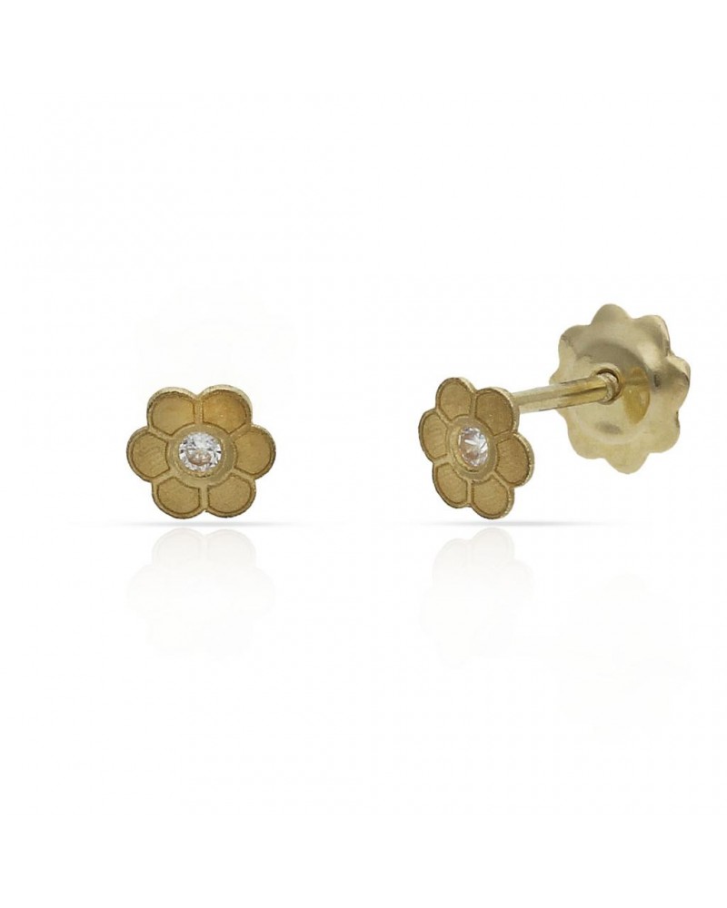 Pendientes oro 18k flor circonita cierre tornillo 4mm