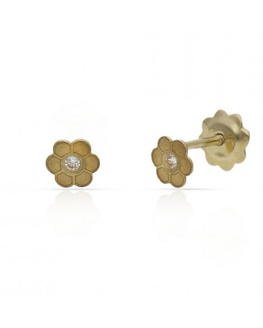 Pendientes oro 18k flor circonita cierre tornillo 4mm